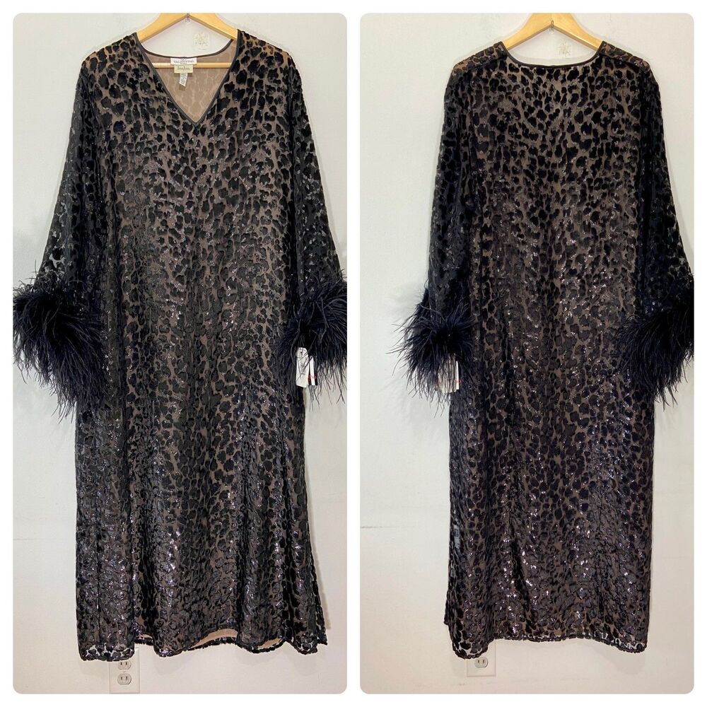 Black Sequin Leopard Sleep Caftan with Feather Cuffs